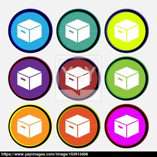 Packaging Cardboard Box Icon Sign Nine Multi Colored Round