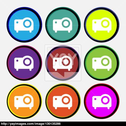 Projector Icon Sign Nine Multi Colored Round Buttons Vector