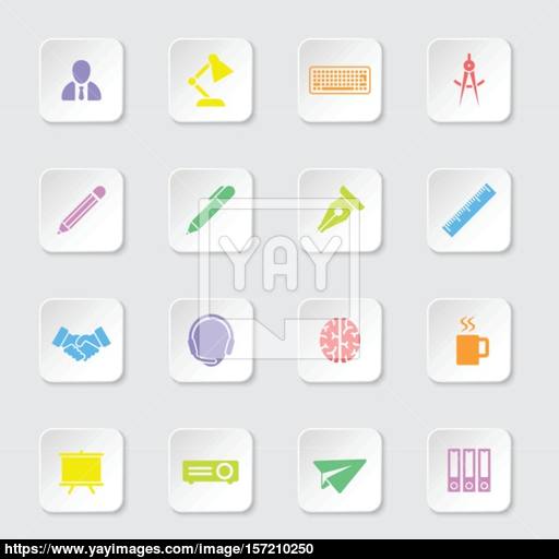 Colorful Flat Icon Set On White Rounded Rectangle Button