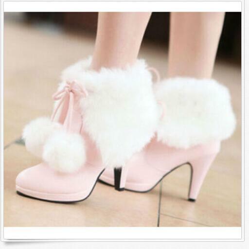 Womens Sweet Princess Faux Fur Furry Mid Heels Lace Up Fuzzy Ball