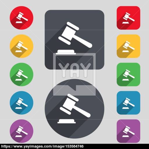 Judge Or Auction Hammer Icon Sign A Set Of Colored Buttons