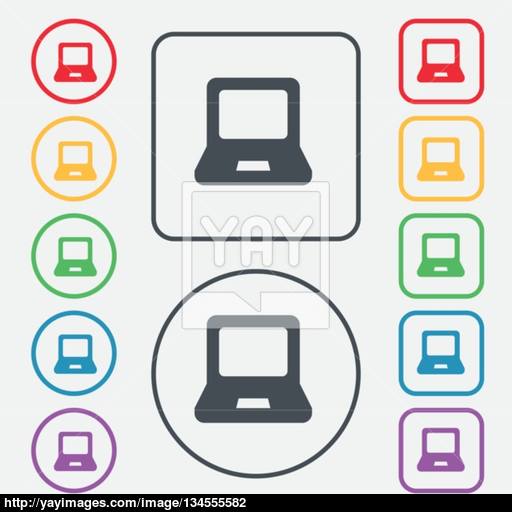 Laptop Icon Sign Symbol On The Round And Square Buttons