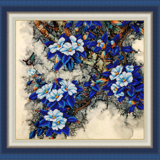 Bead Embroidery Kit Blue Flowers Beaded Painting Set Needlework