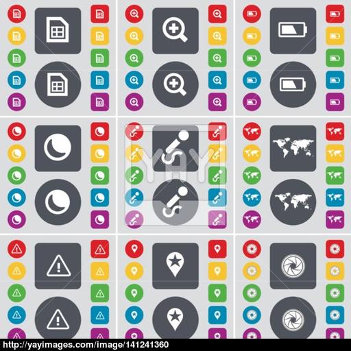 , Magnifying Glass, Battery, Moon, Microphone, Globe, Warning