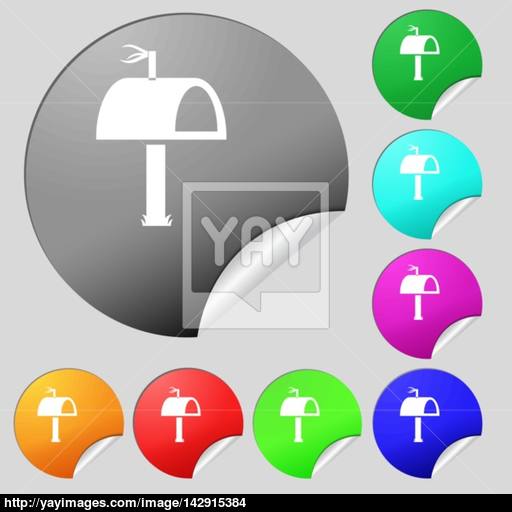 Mailbox Icon Sign Set Of Eight Multi Colored Round Buttons