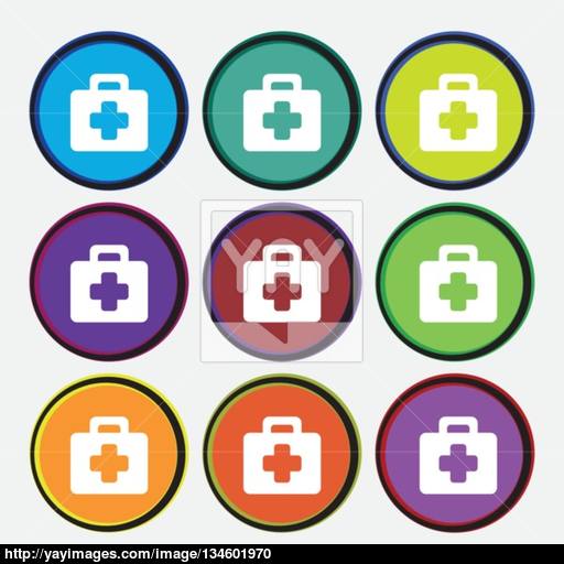 First Aid Kit Icon Sign Nine Multi Colored Round Buttons Vector