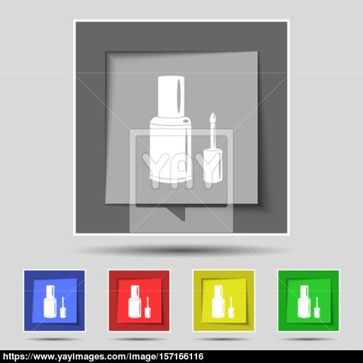 Nail Polish Bottle Icon Sign On Original Five Colored Buttons
