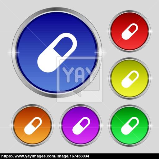 Pill Icon Sign Round Symbol On Bright Colourful Buttons Vector