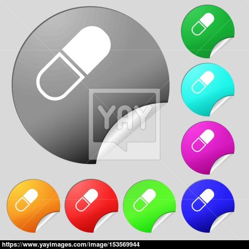 Pill Icon Sign Set Of Eight Multi Colored Round Buttons, Stickers
