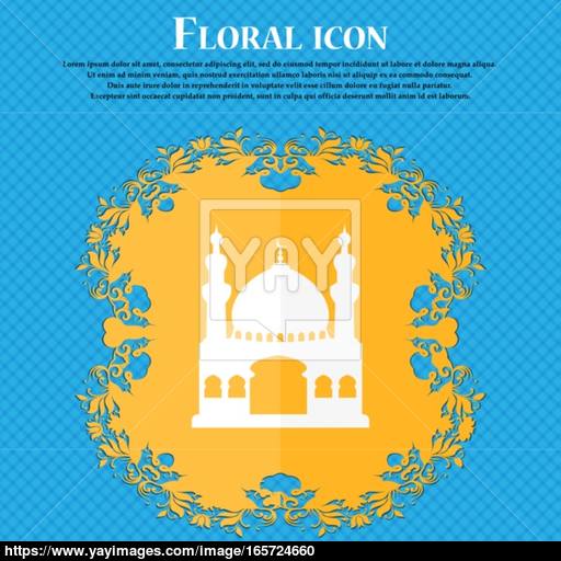 Turkish Architecture, Mosque Icon Floral Flat Design On A Blue