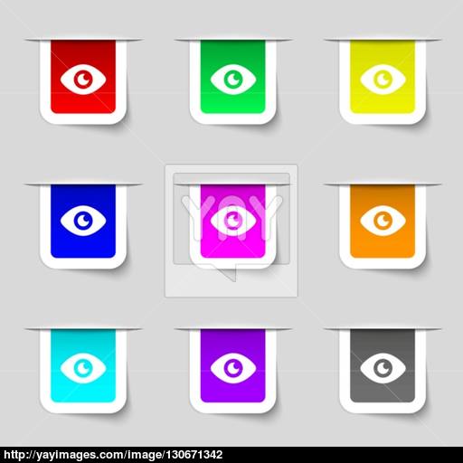Eye, Publish Content Icon Sign Set Of Multicolored Modern Labels