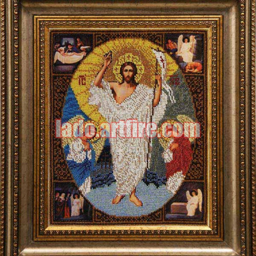 Resurrection Icon, Religious Picture, Bead Embroidery Needlework