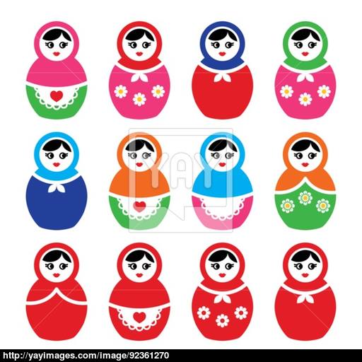 Russian Doll, Retro Babushka Vector Colorful Icons Set Vector