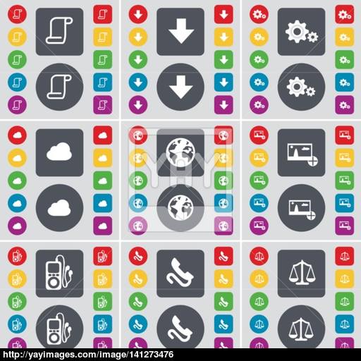 Scroll, Arrow Down, Gear, Cloud, Earth, Picture, Player