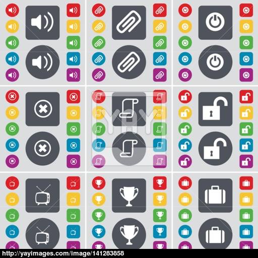 Sound, Clip, Power, Stop, Scroll, Lock, Retro Tv, Cup, Suitcase