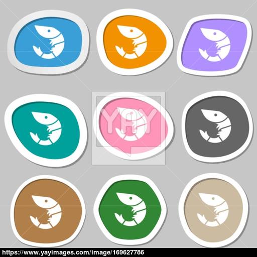 Shrimp, Seafood Icon Symbols Multicolored Paper Stickers Vector