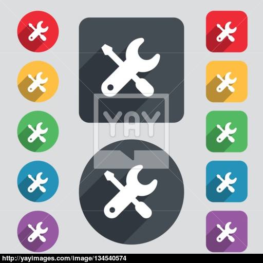 Screwdriver, Key, Settings Icon Sign A Set Of Colored Buttons