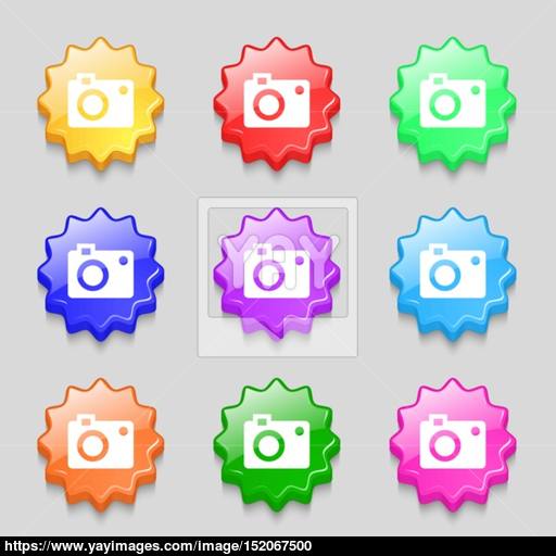 Camera Icon Sign Symbol On Nine Wavy Colourful Buttons Vector