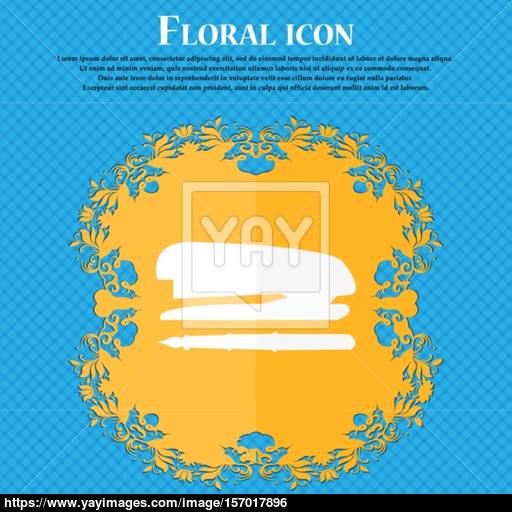 Stapler And Pen Icon Floral Flat Design On A Blue Abstract