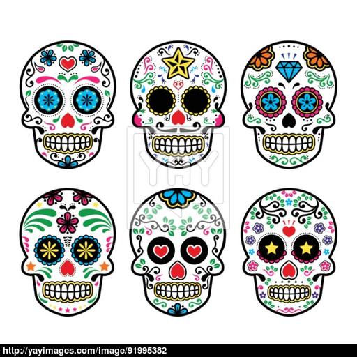 Mexican Sugar Skull, Dia De Los Muertos Icons Set On White