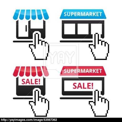 Shop, Supermarket, Sale Icons With Cursor Hand Icon Vector