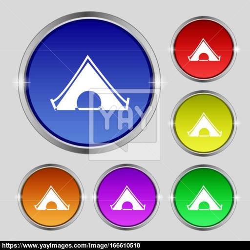 The Tent Icon Sign Round Symbol On Bright Colourful Buttons