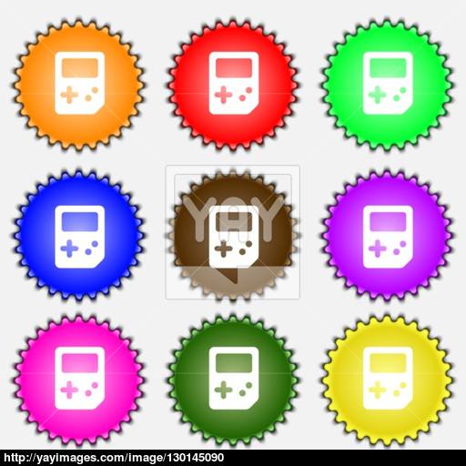 Tetris Icon Sign A Set Of Nine Different Colored Labels Vector