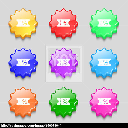 Ticket Discount Icon Sign Symbols On Nine Wavy Colourful Buttons