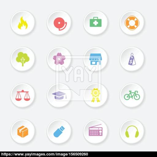 Colorful Web Icon Set On White Circle Button With Soft Shadow