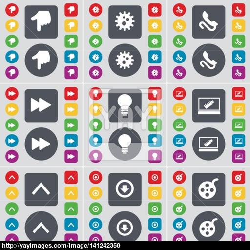 Hand, Gear, Receiver, Rewind, Light Bulb, Laptop, Arrow Up, Arrow