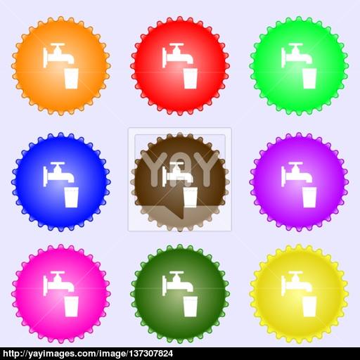 Faucet, Glass, Water Icon Sign A Set Of Nine Different Colored
