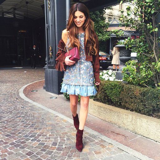 Negin Mirsalehi Wears A Blue Dress And Red Accessories