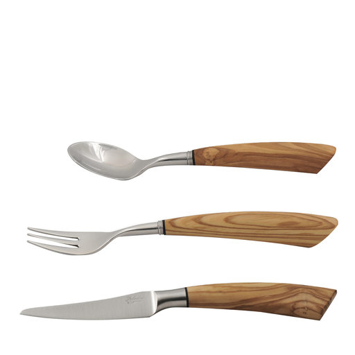 Set Of Six Fork, Knife, And Spoon For Dessert In Olive Wood