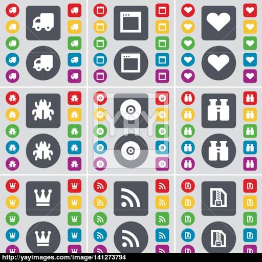 Truck, Window, Heart, Bug, Disk, Binoculars, Crown, Rss, Zip