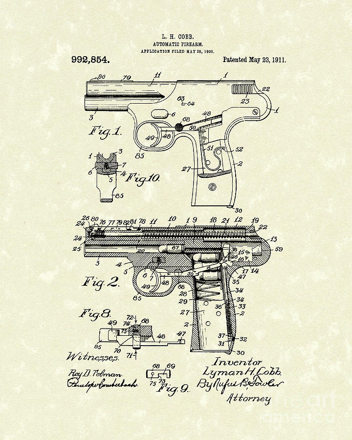 720x900 Automatic Firearm 1911 Patent Art Drawing By Prior Art Design