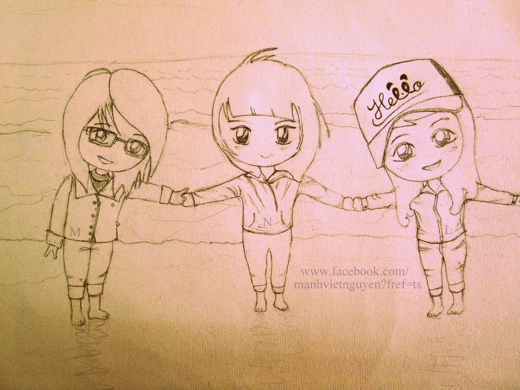 1024x768 Chibi 3 Girls The Beach By Verniannguyen