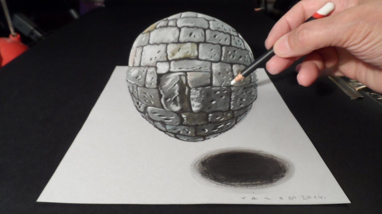 1280x720 Drawing A Realistic Stone Sphere. 3 Dimension Stone Ball. Trick
