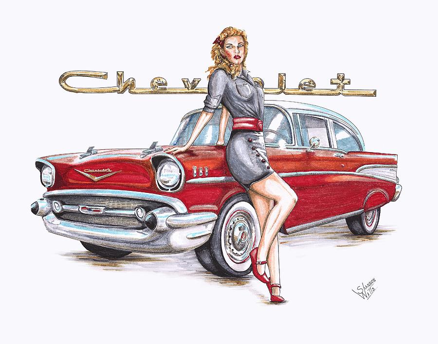 900x708 1957 Chevrolet Post With Pin Up Girl Drawing By Shannon Watts