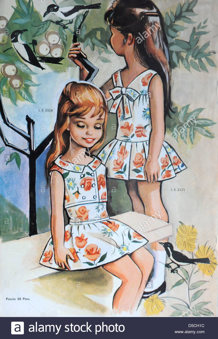 895x1390 Illustration Drawing Of Two Girls In Dresses. Sixties 60s Stock