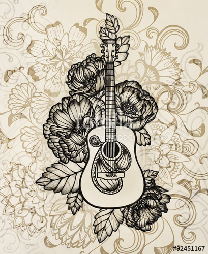 409x500 Acoustic Guitar With Flower Design, Hand Drawn Illustration