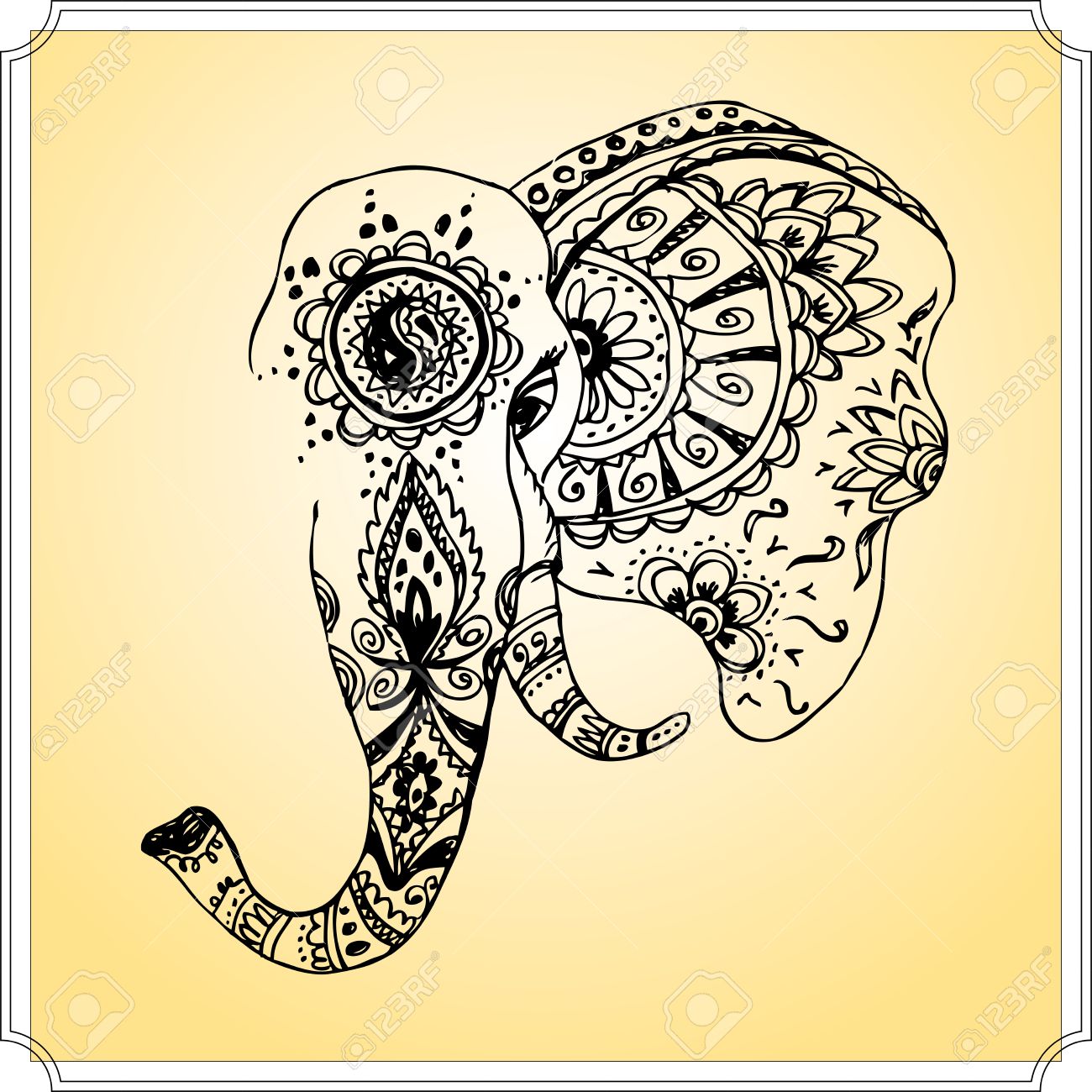 1300x1300 Abstract Elephant In Indian Style Mehndi, Hand Drawing, Vector