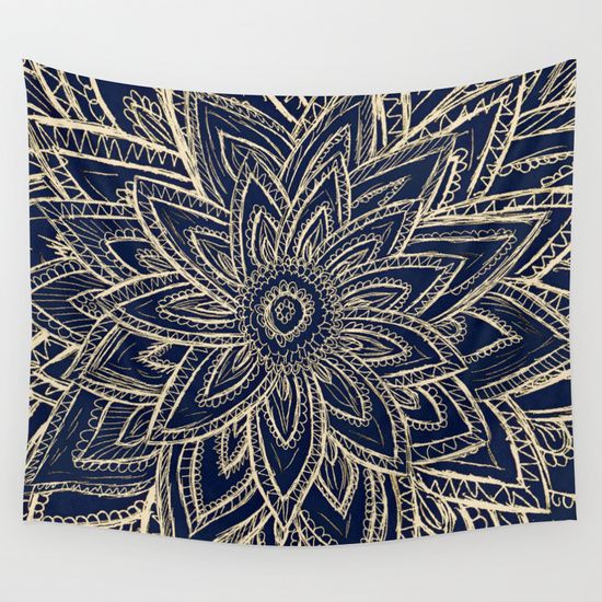 550x550 Cute retro gold abstract flower drawing on black wall tapestry by