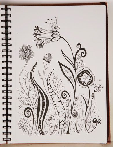 390x507 Original Whimsical Pen Drawing, Flower Pen Drawing, Size 295 X
