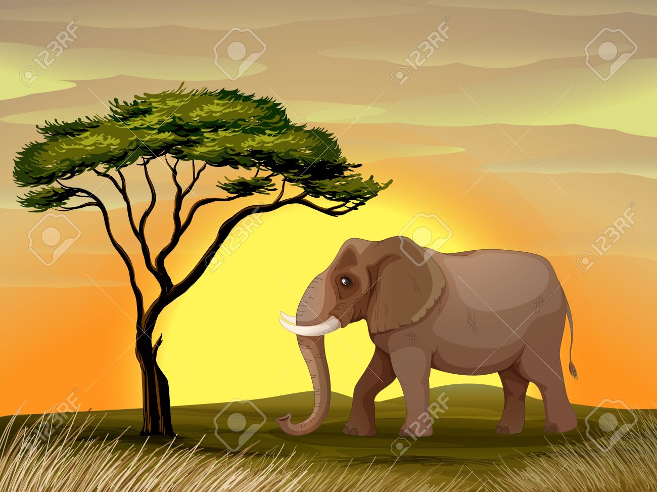 1300x973 Illustration Of A Elephant Standing Under A Tree Royalty Free