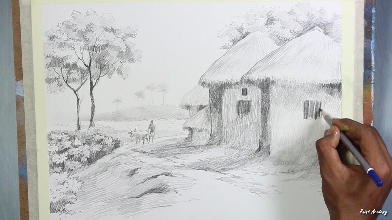 1280x720 Pencil Drawing Techniques Village Landscape Drawing Step By Step