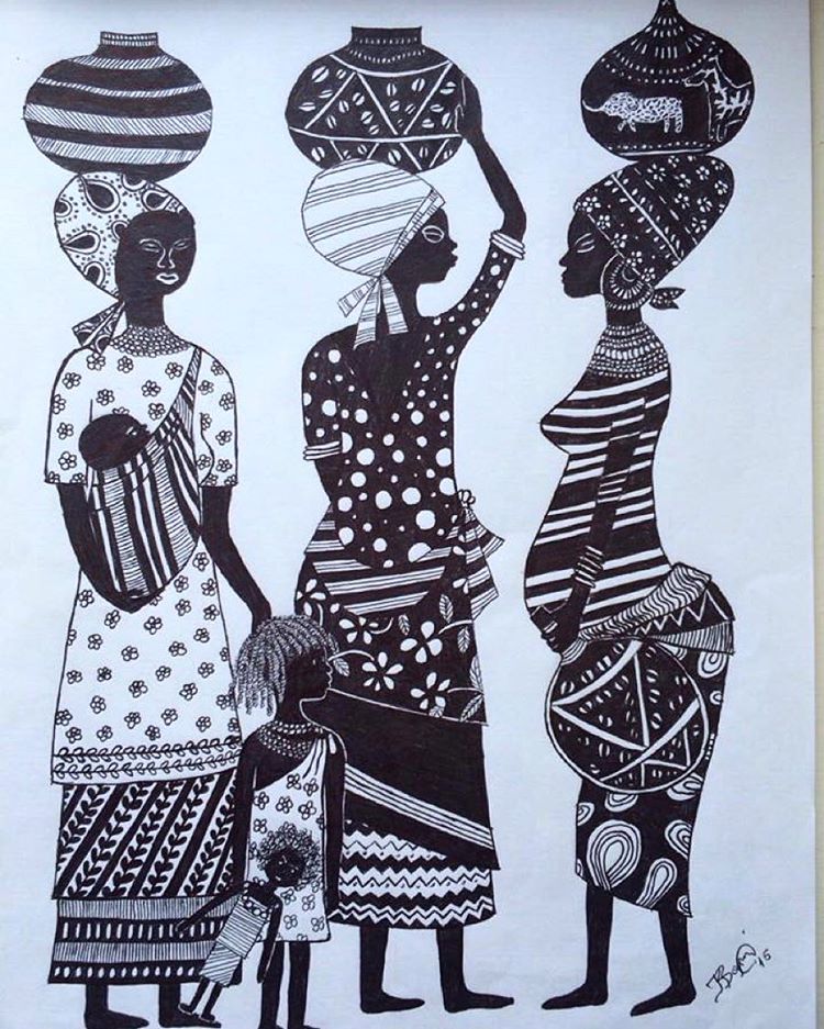 750x937 African Women Doodle Art Drawings Pen Art Three Women And Children
