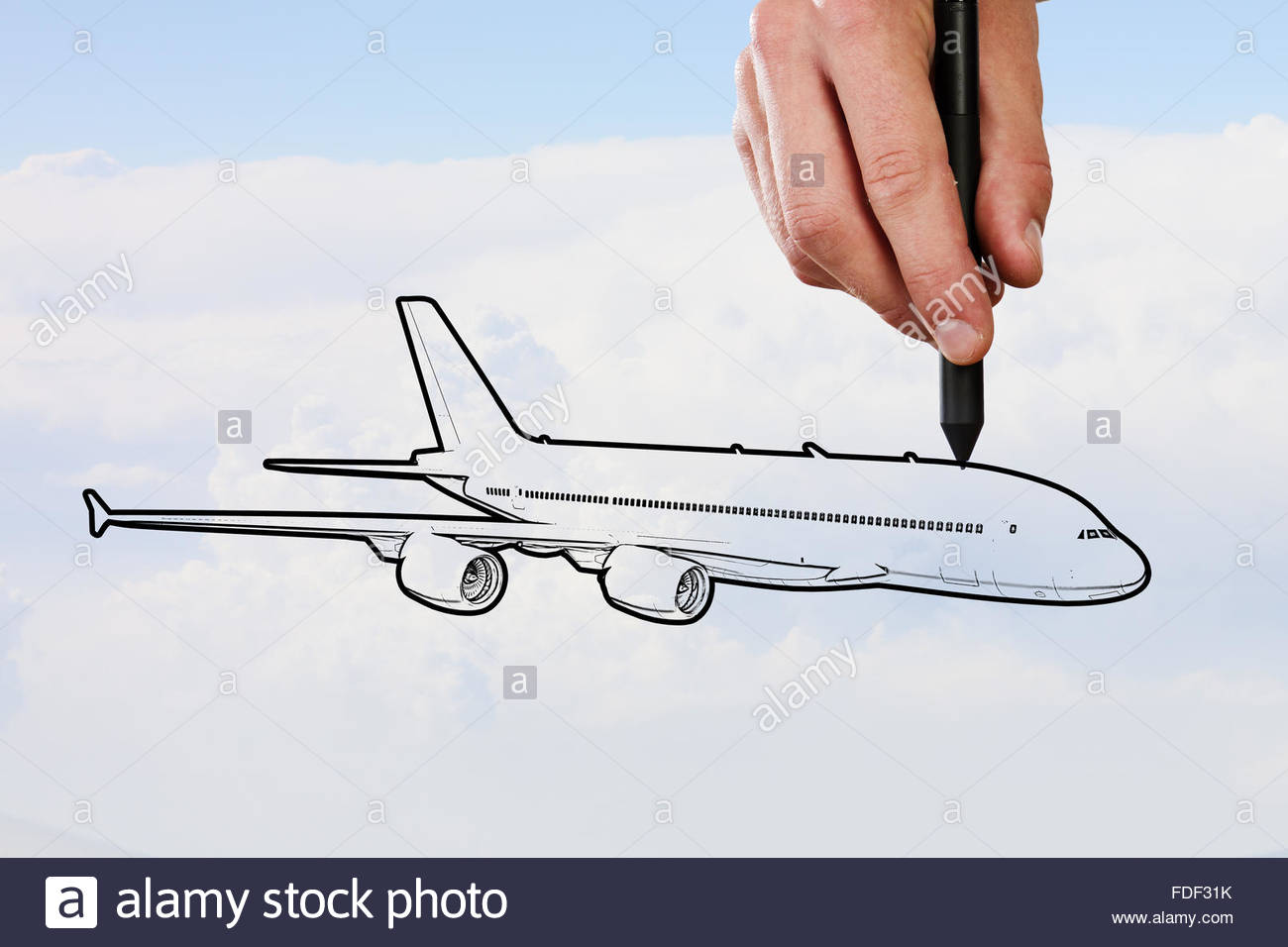 1300x956 Person Drawing Airplane Model On Sky Background Stock Photo