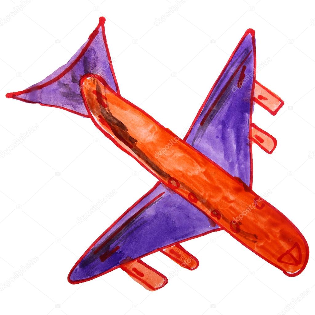 1024x1024 Watercolor Drawing Kids Cartoon Airplane On White Background