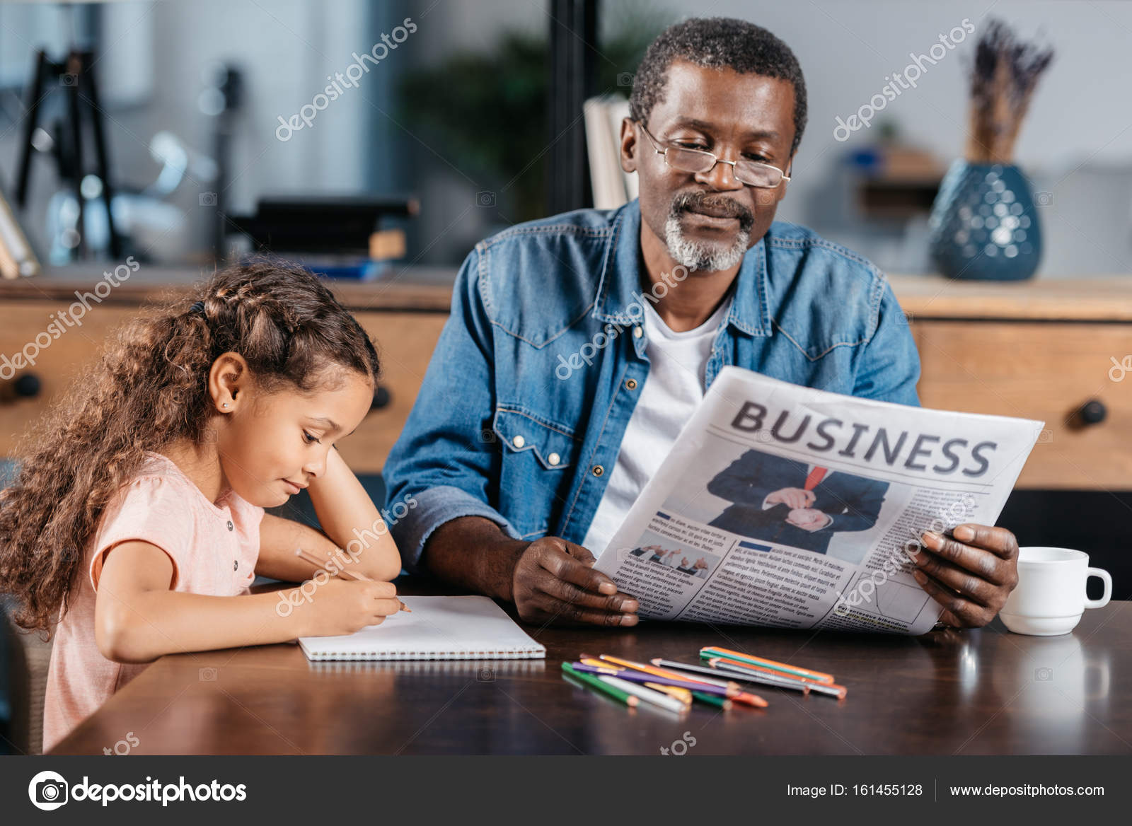 1600x1168 African American Girl Drawing With Father Stock Photo