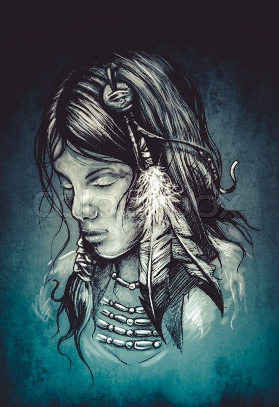 548x800 American Indian Woman, Tattoo Sketch, Handmade Design Over Vintage
